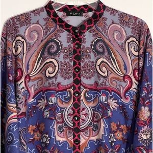 ETRO FLORAL PRINT SILK BLEND MIXED MEDIA BUTTON DOWN TOP LIKE NEW